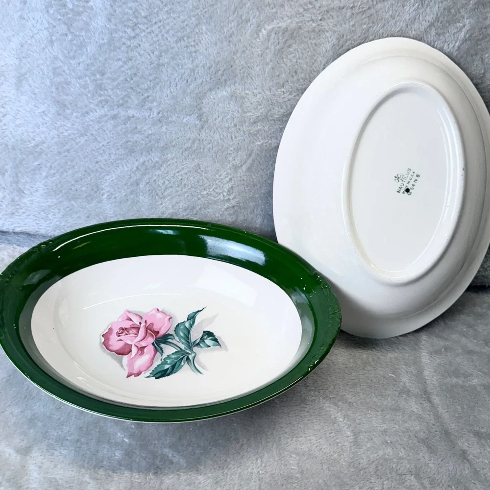 Vintage Nautilus Rose Oval Bowls Grannycore Set of‎ 2 Green Rim Floral Made USA